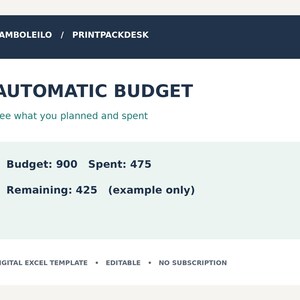 May include: A digital Excel template titled AUTOMATIC BUDGET by BAMBOLEILO / PRINTPACKDESK. It displays the text See what you planned and spent, with fields for Budget: 900, Spent: 475, and Remaining: 425 (example only). Bottom text: DIGITAL EXCEL TEMPLATE &bull; EDITABLE &bull; NO SUBSCRIPTION.