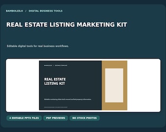Może przedstawiać: Cyfrowy zestaw marketingowy do ofert nieruchomości z edytowalnymi slajdami. Grafika zawiera tekst Real Estate Listing Marketing Kit, Editable digital tools for real business workflows oraz 4 Editable PPTX Files.