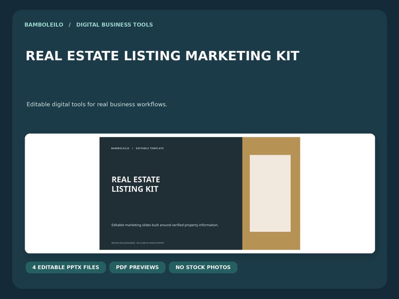 May include: A digital marketing kit for real estate listings featuring editable slides. The graphic displays the text Real Estate Listing Marketing Kit, Editable digital tools for real business workflows, and 4 Editable PPTX Files.