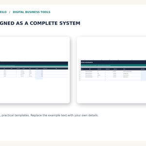 May include: Digital business tools titled BAMBOLEILO / DIGITAL BUSINESS TOOLS and DESIGNED AS A COMPLETE SYSTEM. Two spreadsheet templates are shown: ORDER LINE TRACKER and STOCK MOVEMENTS, featuring dark blue headers and white data rows.