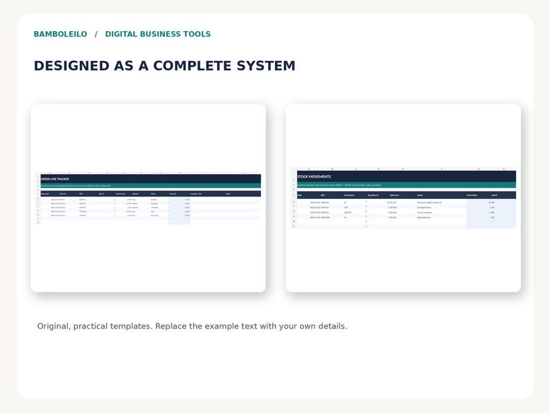 May include: Digital business tools titled BAMBOLEILO / DIGITAL BUSINESS TOOLS and DESIGNED AS A COMPLETE SYSTEM. Two spreadsheet templates are shown: ORDER LINE TRACKER and STOCK MOVEMENTS, featuring dark blue headers and white data rows.