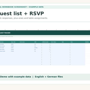 May include: A digital guest list and RSVP tracker spreadsheet template. The interface features a dark green header with the text Guest list + RSVP, Track responses, plus-ones and table assignments, and a GUEST TRACKER table.