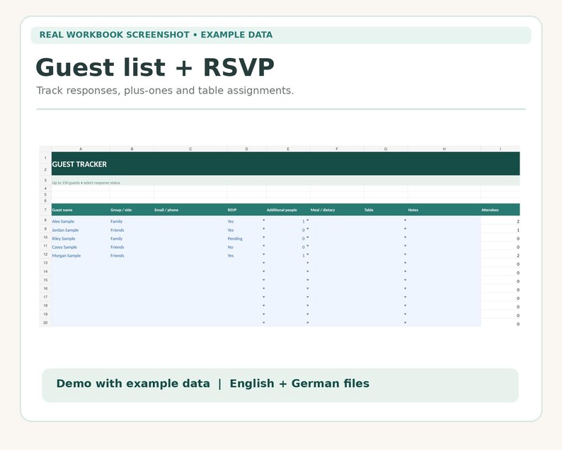 May include: A digital guest list and RSVP tracker spreadsheet template. The interface features a dark green header with the text Guest list + RSVP, Track responses, plus-ones and table assignments, and a GUEST TRACKER table.