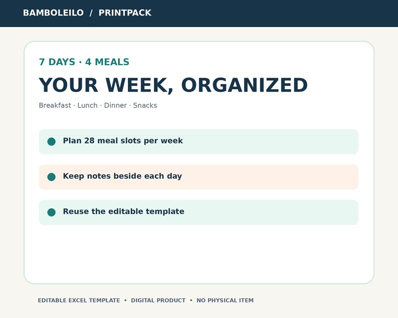 May include: A digital meal planner template titled YOUR WEEK, ORGANIZED by BAMBOLEILO / PRINTPACK. It features 7 days and 4 meals, with bulleted points for 28 meal slots, note-taking space, and an editable format. It is a digital product.