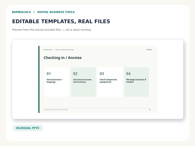May include: A digital presentation slide titled Checking in / Anreise featuring four numbered steps with placeholders for instructions. The layout includes a green vertical line and text boxes for Find, Use, Check, and Message contact details.