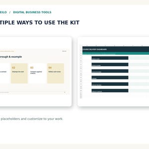 May include: A digital business tool kit display featuring the text BAMBOLEILO / DIGITAL BUSINESS TOOLS and MULTIPLE WAYS TO USE THE KIT. Two panels show a four-step walkthrough process and a course delivery dashboard with data rows.