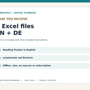 Op de afbeelding: Een digitale productinformatiekaart getiteld BAMBOLEILO / DIGITAL PLANNERS. Het vermeldt 2 Excel-bestanden in het Engels en Duits, een lees-tracker, een Duitse lesetracker en het offline .xlsx-formaat zonder macro's of abonnement.