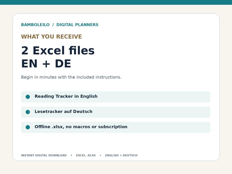 Op de afbeelding: Een digitale productinformatiekaart getiteld BAMBOLEILO / DIGITAL PLANNERS. Het vermeldt 2 Excel-bestanden in het Engels en Duits, een lees-tracker, een Duitse lesetracker en het offline .xlsx-formaat zonder macro's of abonnement.