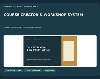 Op de afbeelding: Een digitale zakelijke toolkit genaamd Course Creator & Workshop System met bewerkbare dia's, oefeningen en handleidingen. Bevat 18 bewerkbare dia's, een Excel-cursuslogboek en PDF-gidsen op een donkerblauwe achtergrond.