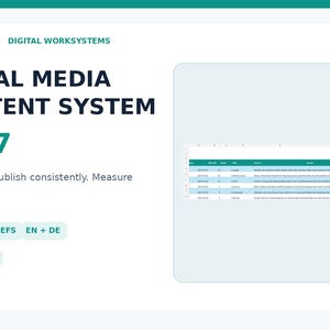 May include: A digital social media content system for 2027 by Bamboleilo Digital Worksystems. The interface displays the text Social Media Content System 2027, Plan better. Publish consistently. Measure what works, 365 Daily Briefs, EN + DE, and Excel + CSV, alongside a spreadsheet preview.