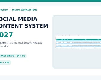 Może przedstawiać: Cyfrowy system treści do mediów społecznościowych na rok 2027 od Bamboleilo Digital Worksystems. Interfejs zawiera tekst Social Media Content System 2027, Plan better. Publish consistently. Measure what works, 365 Daily Briefs, EN + DE oraz Excel + CSV wraz z podglądem arkusza kalkulacyjnego.