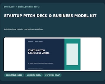 Może przedstawiać: Cyfrowy zestaw do prezentacji startupu i modelu biznesowego zawierający 32 edytowalne slajdy, 12-miesięczny plik Excel i przewodnik szybkiego startu w formacie PDF. Ciemnoniebieski interfejs zawiera tekst Startup Pitch & Business Model.