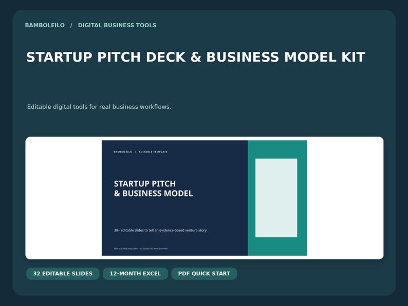 May include: A digital startup pitch deck and business model kit featuring 32 editable slides, a 12-month Excel file, and a PDF quick start guide. The dark teal interface displays the text Startup Pitch & Business Model with a white rectangle.