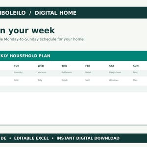 May include: A digital weekly household plan template with a dark green header labeled BAMBOLEILO / DIGITAL HOME. The schedule features columns for Monday through Sunday with tasks like Kitchen, Laundry, and Vacuum listed in a grid format.