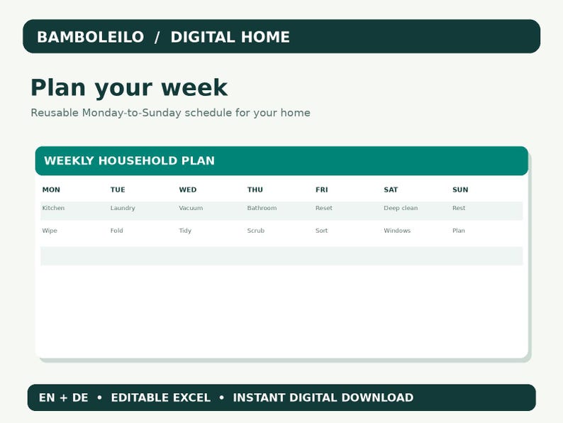 May include: A digital weekly household plan template with a dark green header labeled BAMBOLEILO / DIGITAL HOME. The schedule features columns for Monday through Sunday with tasks like Kitchen, Laundry, and Vacuum listed in a grid format.