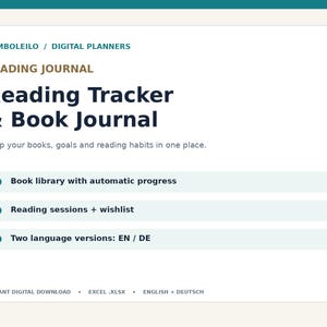 Op de afbeelding: Een digitaal leesdagboek met de tekst BAMBOLEILO / DIGITAL PLANNERS, READING JOURNAL, Reading Tracker & Book Journal. Bevat een bibliotheek, leessessies, een verlanglijst en twee taalversies: EN / DE.