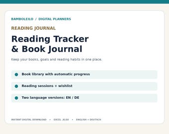 Może przedstawiać: Cyfrowy dziennik czytelnika z tekstem BAMBOLEILO / DIGITAL PLANNERS, READING JOURNAL, Reading Tracker & Book Journal. Zawiera bibliotekę książek, sesje czytania, listę życzeń oraz dwie wersje językowe: EN / DE.