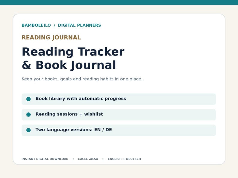 Op de afbeelding: Een digitaal leesdagboek met de tekst BAMBOLEILO / DIGITAL PLANNERS, READING JOURNAL, Reading Tracker & Book Journal. Bevat een bibliotheek, leessessies, een verlanglijst en twee taalversies: EN / DE.