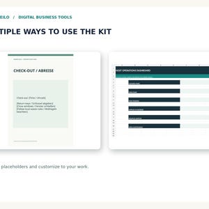 May include: A digital business tool kit featuring a document titled CHECK-OUT / ABREISE with instructions in English and German, alongside a spreadsheet titled HOST OPERATIONS DASHBOARD with dark teal headers and rows for tracking tasks.