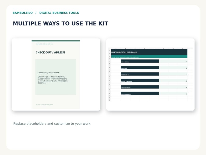 May include: A digital business tool kit featuring a document titled CHECK-OUT / ABREISE with instructions in English and German, alongside a spreadsheet titled HOST OPERATIONS DASHBOARD with dark teal headers and rows for tracking tasks.