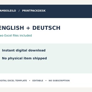 May include: A digital product listing graphic with a dark blue header reading BAMBOLEILO / PRINTPACKDESK. The text displays ENGLISH + DEUTSCH, Two Excel files included, Instant digital download, No physical item shipped, and DIGITAL EXCEL TEMPLATE &bull; EDITABLE &bull; NO SUBSCRIPTION.