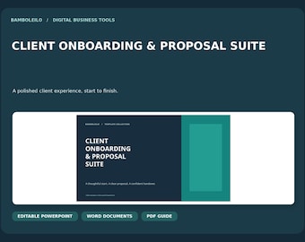 Op de afbeelding: Een digitale zakelijke toolset getiteld Client Onboarding & Proposal Suite. De donkerblauwe grafische afbeelding bevat witte tekst, een rechthoekig blauw accent en labels voor bewerkbare PowerPoint, Word-documenten en PDF-gidsen.