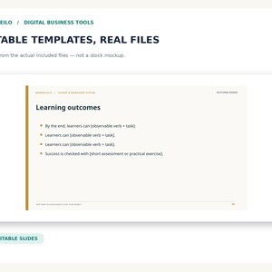 May include: A digital slide template titled Learning outcomes with a gold vertical line on the left. The text includes bullet points for observable verbs and tasks, with the header text reading BAMBOLEILO, DIGITAL BUSINESS TOOLS, and EDITABLE TEMPLATES, REAL FILES.