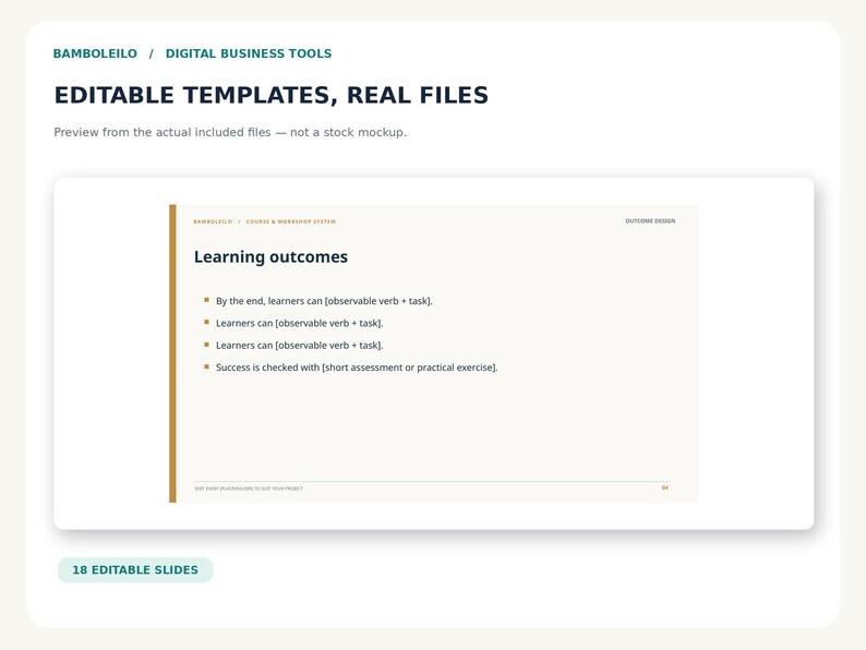 May include: A digital slide template titled Learning outcomes with a gold vertical line on the left. The text includes bullet points for observable verbs and tasks, with the header text reading BAMBOLEILO, DIGITAL BUSINESS TOOLS, and EDITABLE TEMPLATES, REAL FILES.