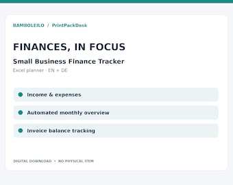 Może przedstawiać: Cyfrowy tracker finansowy dla małych firm zatytułowany FINANCES, IN FOCUS. Dokument zawiera sekcje dotyczące przychodów i wydatków, zautomatyzowany przegląd miesięczny oraz śledzenie faktur, w języku angielskim i niemieckim.