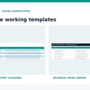 May include: A digital template display featuring the text BAMBOLEILO / DIGITAL WORKSYSTEMS and See the working templates. It includes two spreadsheet views labeled DATED CONTENT CALENDAR and BILINGUAL HOOK LIBRARY with rows of data.