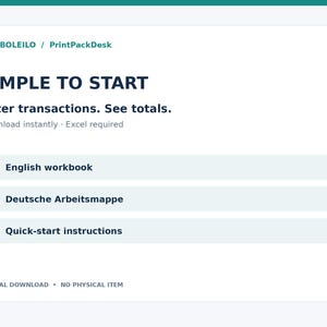 May include: A digital product listing titled BAMBOLEILO / PrintPackDesk. The text reads SIMPLE TO START, Enter transactions. See totals. Download instantly. Excel required. It lists English workbook, Deutsche Arbeitsmappe, and Quick-start instructions.