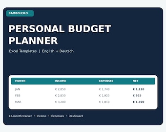 Op de afbeelding: Een donkerblauw Excel-sjabloon voor persoonlijke budgetplanning met witte tekst. De interface toont een tabel met kolommen voor maand, inkomen, uitgaven en netto, met gegevens van januari tot maart in euro's. Inclusief een 12-maanden tracker.