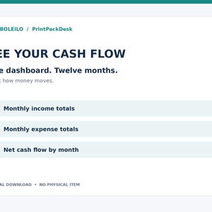 May include: A digital dashboard interface titled SEE YOUR CASH FLOW by BAMBOLEILO / PrintPackDesk. It features the text One dashboard. Twelve months. Track how money moves. and lists Monthly income totals, Monthly expense totals, and Net cash flow by month.