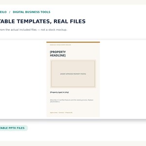 May include: A digital business template for property listings featuring the text BAMBOLEILO, DIGITAL BUSINESS TOOLS, EDITABLE TEMPLATES, REAL FILES, and 4 EDITABLE PPTX FILES. The document includes placeholders for a property headline, photo, and description.
