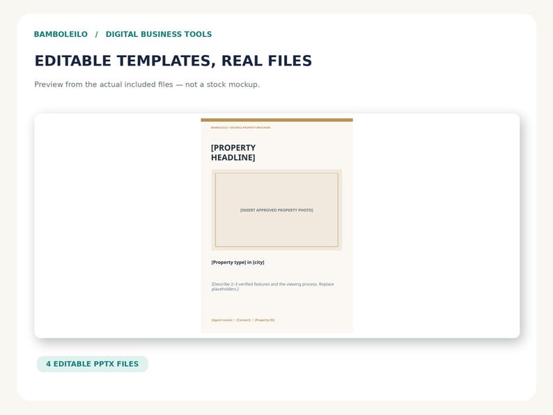 May include: A digital business template for property listings featuring the text BAMBOLEILO, DIGITAL BUSINESS TOOLS, EDITABLE TEMPLATES, REAL FILES, and 4 EDITABLE PPTX FILES. The document includes placeholders for a property headline, photo, and description.
