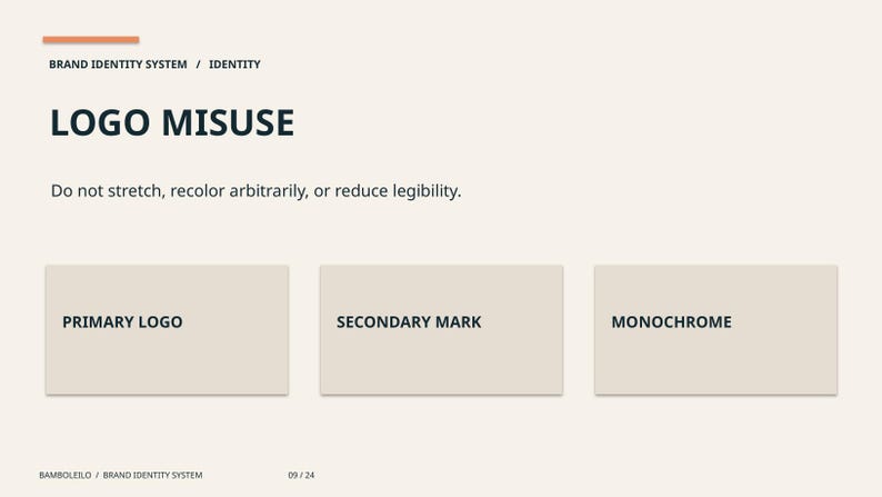 May include: A brand identity system page titled LOGO MISUSE with the text Do not stretch, recolor arbitrarily, or reduce legibility. Below are three rectangular boxes labeled PRIMARY LOGO, SECONDARY MARK, and MONOCHROME on a light background.