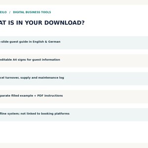 May include: A digital business tools information card titled WHAT IS IN YOUR DOWNLOAD? listing five items: a 13-slide guest guide in English and German, 4 editable A4 signs, an Excel turnover, supply and maintenance log, examples with PDF instructions, and an offline system.