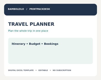 Może przedstawiać: Cyfrowy szablon planera podróży z tekstem BAMBOLEILO / PRINTPACKDESK, TRAVEL PLANNER, Plan the whole trip in one place, Itinerary • Budget • Bookings oraz DIGITAL EXCEL TEMPLATE • EDITABLE • NO SUBSCRIPTION.