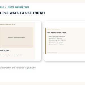 May include: A digital business tool kit featuring two templates with the text BAMBOLEILO / DIGITAL BUSINESS TOOLS and MULTIPLE WAYS TO USE THE KIT. One template shows a photo placeholder with JUST LISTED text, while the other lists Five reasons to look closer.