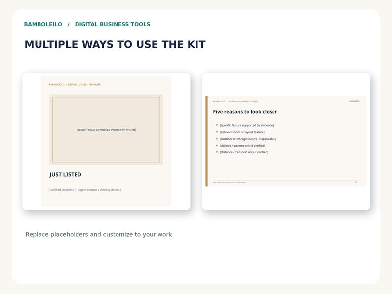 May include: A digital business tool kit featuring two templates with the text BAMBOLEILO / DIGITAL BUSINESS TOOLS and MULTIPLE WAYS TO USE THE KIT. One template shows a photo placeholder with JUST LISTED text, while the other lists Five reasons to look closer.