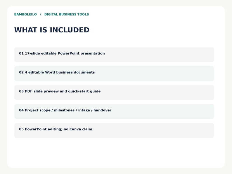 May include: A digital business tool information card titled WHAT IS INCLUDED. It lists five items: a 17-slide editable PowerPoint presentation, 4 editable Word business documents, a PDF slide preview, project scope details, and PowerPoint editing.