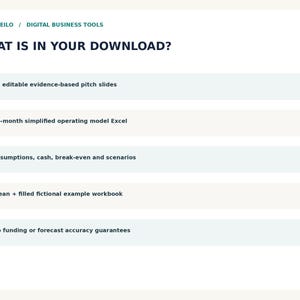 May include: A digital business tool information card titled WHAT IS IN YOUR DOWNLOAD? listing five items: 32 editable evidence-based pitch slides, a 12-month operating model Excel, assumptions, cash, break-even, scenarios, a workbook, and a disclaimer.