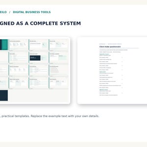 May include: A digital business tool set titled BAMBOLEILO / DIGITAL BUSINESS TOOLS, featuring a grid of document templates and a client intake questionnaire with text fields for project details, registration, and objectives.
