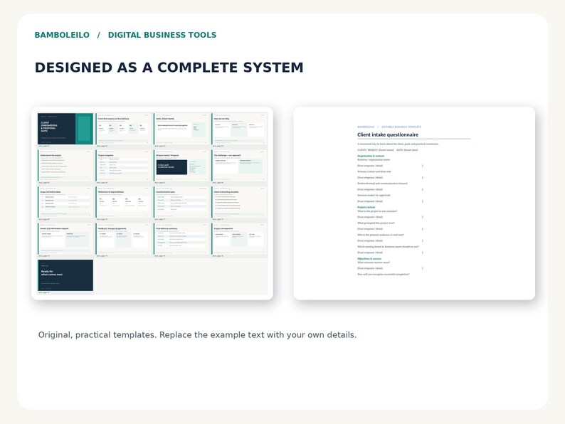 May include: A digital business tool set titled BAMBOLEILO / DIGITAL BUSINESS TOOLS, featuring a grid of document templates and a client intake questionnaire with text fields for project details, registration, and objectives.