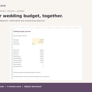 May include: A digital Excel template for wedding budget planning by BAMBOLEILO. The interface displays a wedding budget overview with rows for total budget, planned costs, and payments, featuring a highlighted yellow input cell area.