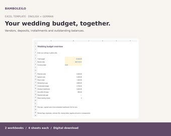 Może przedstawiać: Cyfrowy szablon Excel do planowania budżetu ślubnego od BAMBOLEILO. Interfejs przedstawia przegląd budżetu weselnego z wierszami dotyczącymi całkowitego budżetu, planowanych kosztów i płatności, z wyróżnionym żółtym obszarem wprowadzania danych.