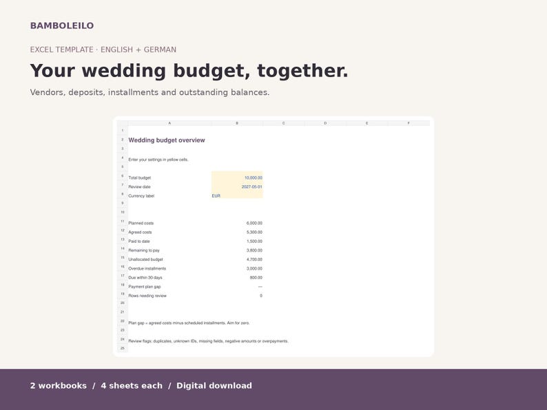 May include: A digital Excel template for wedding budget planning by BAMBOLEILO. The interface displays a wedding budget overview with rows for total budget, planned costs, and payments, featuring a highlighted yellow input cell area.