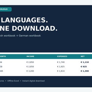 May include: A dark blue digital spreadsheet template titled BAMBOLEILO featuring the text 2 LANGUAGES. ONE DOWNLOAD. English workbook + German workbook. It includes a table showing monthly income, expenses, and net totals for Jan, Feb, and Mar.