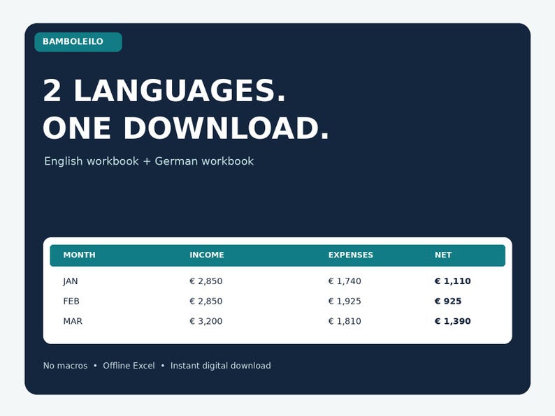 May include: A dark blue digital spreadsheet template titled BAMBOLEILO featuring the text 2 LANGUAGES. ONE DOWNLOAD. English workbook + German workbook. It includes a table showing monthly income, expenses, and net totals for Jan, Feb, and Mar.