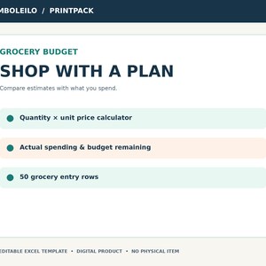 May include: A digital grocery budget spreadsheet template titled BAMBOLEILO / PRINTPACK. The interface features the text SHOP WITH A PLAN and lists features including a quantity unit price calculator, actual spending and budget remaining, and 50 grocery entry rows.